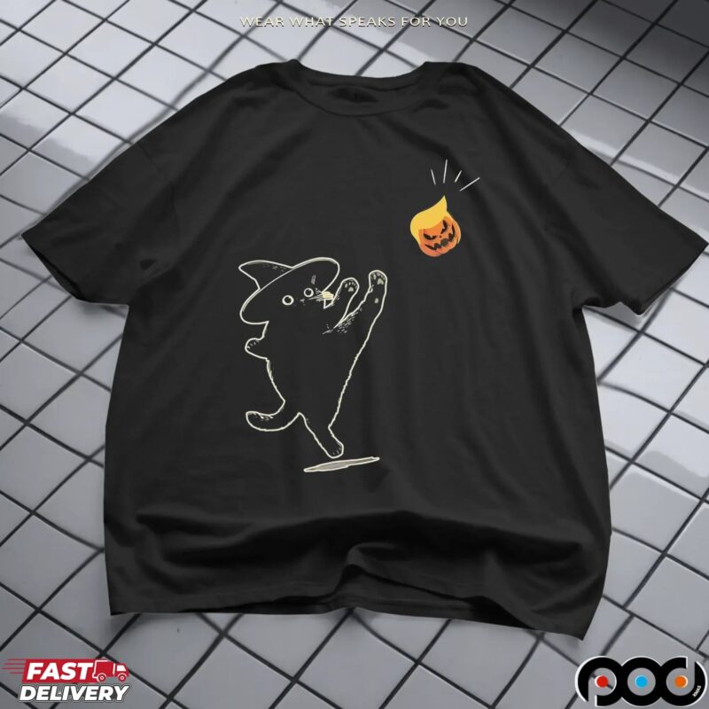 Black Cat Witch With Trump Pumpkin Halloween Spooky Season T Shirt