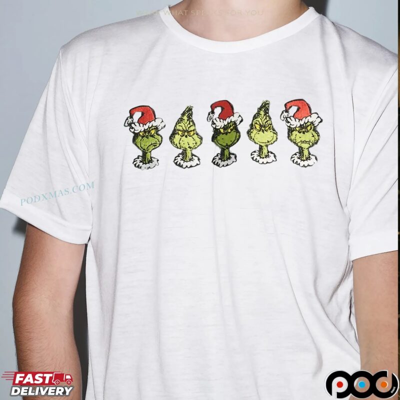 Grinch 5 Santa Christmas Faces Holiday Graphic T Shirt