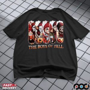 The Boys of Fall Horror Movie Characters Michael Myers, Pennywise, Chucky, Jason, Freddy Autumn Coffee Graphic Halloween T Shirt