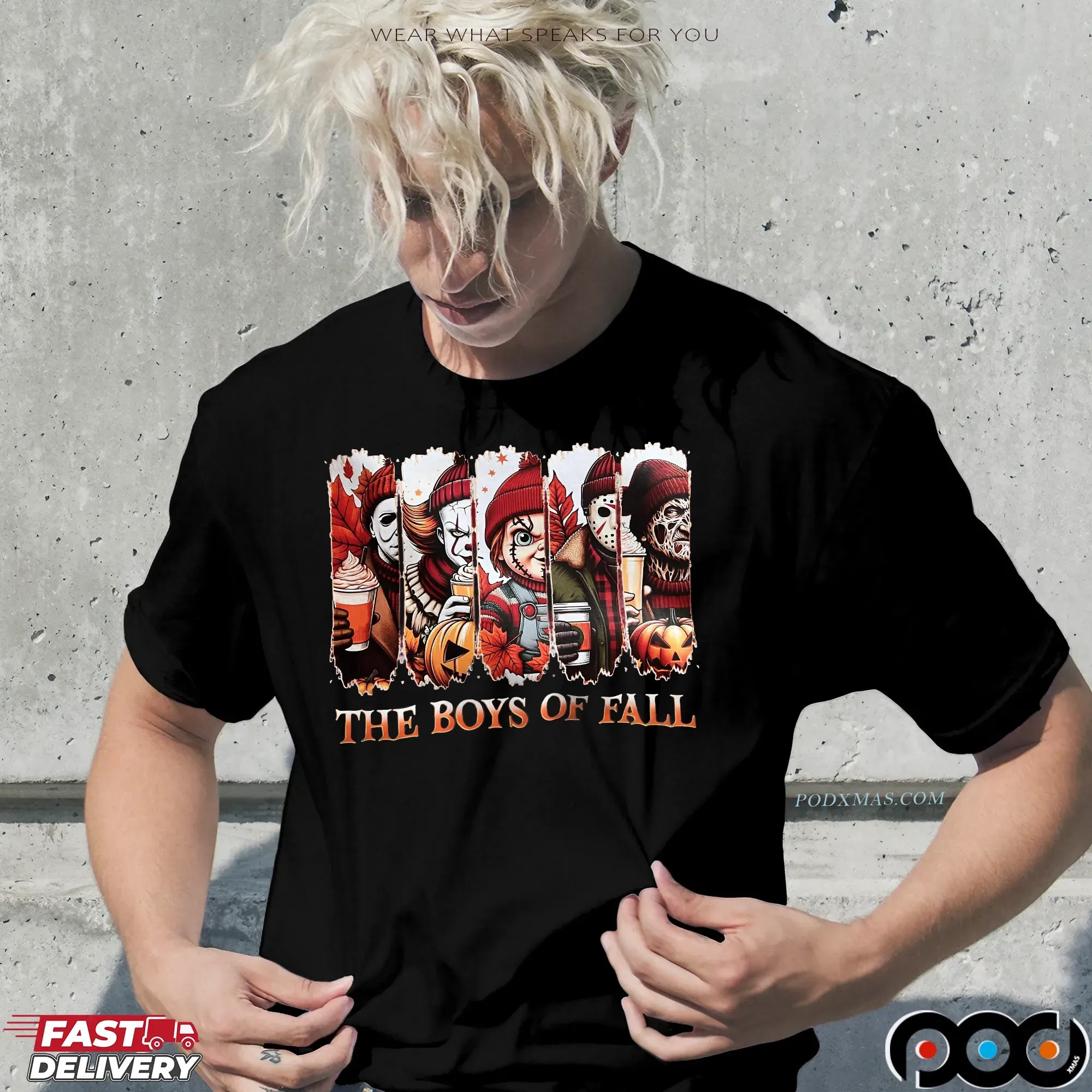 The Boys of Fall Horror Movie Characters Michael Myers, Pennywise, Chucky, Jason, Freddy Autumn Coffee Graphic Halloween T Shirt