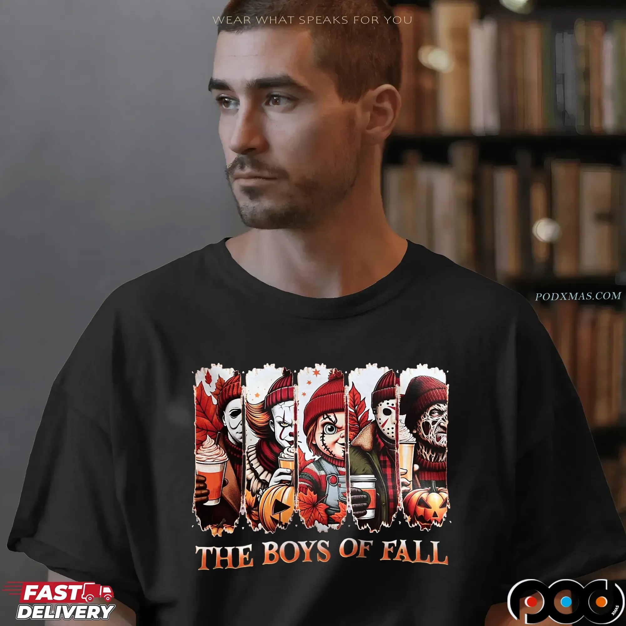 The Boys of Fall Horror Movie Characters Michael Myers, Pennywise, Chucky, Jason, Freddy Autumn Coffee Graphic Halloween T Shirt