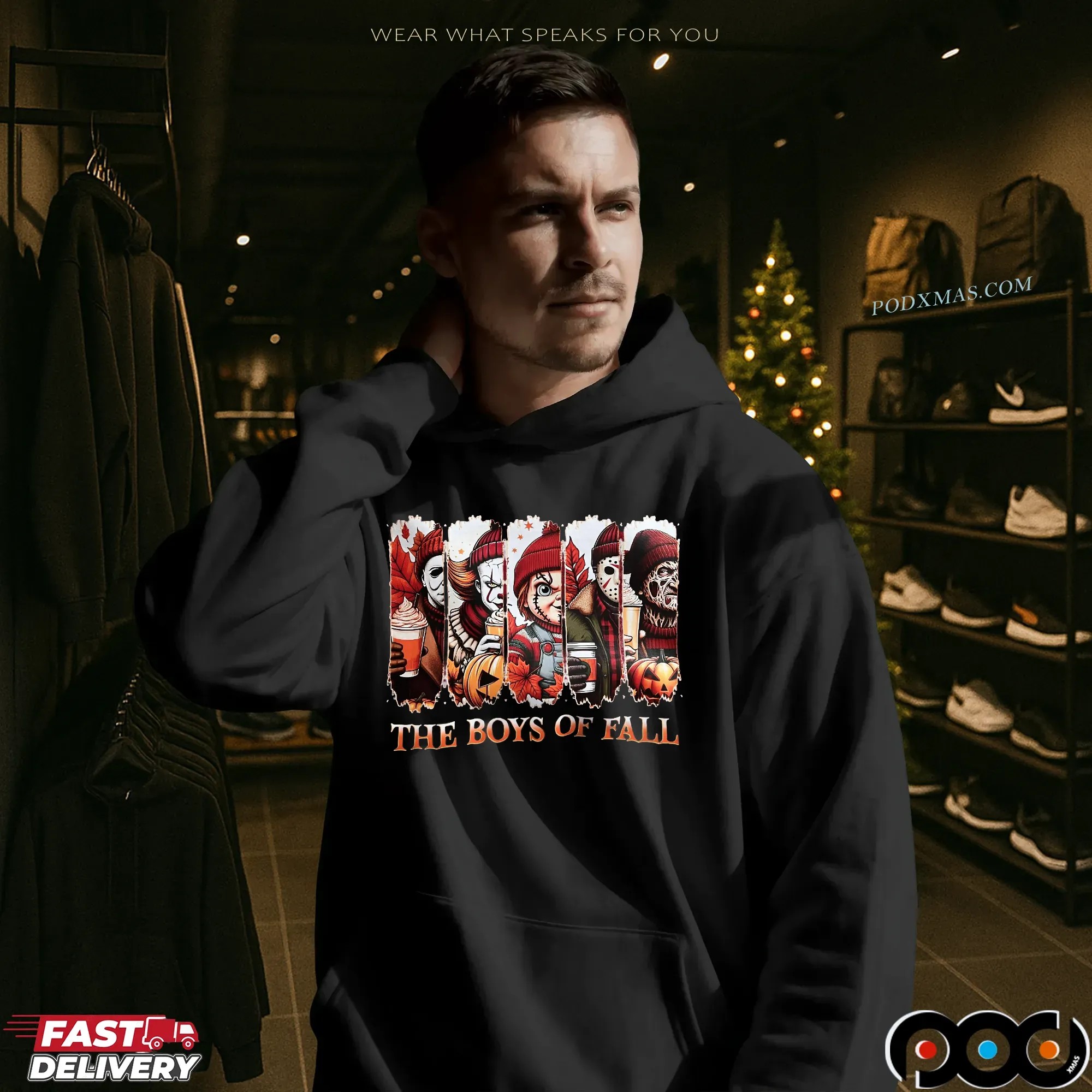 The Boys of Fall Horror Movie Characters Michael Myers, Pennywise, Chucky, Jason, Freddy Autumn Coffee Graphic Halloween T Shirt