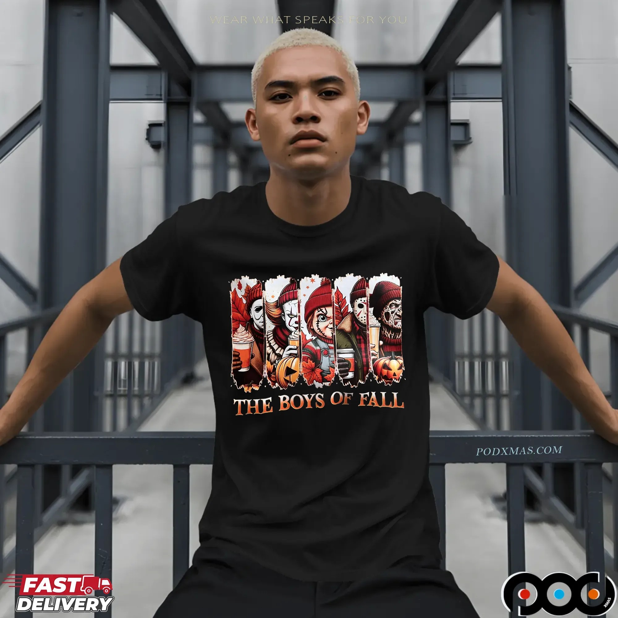 The Boys of Fall Horror Movie Characters Michael Myers, Pennywise, Chucky, Jason, Freddy Autumn Coffee Graphic Halloween T Shirt
