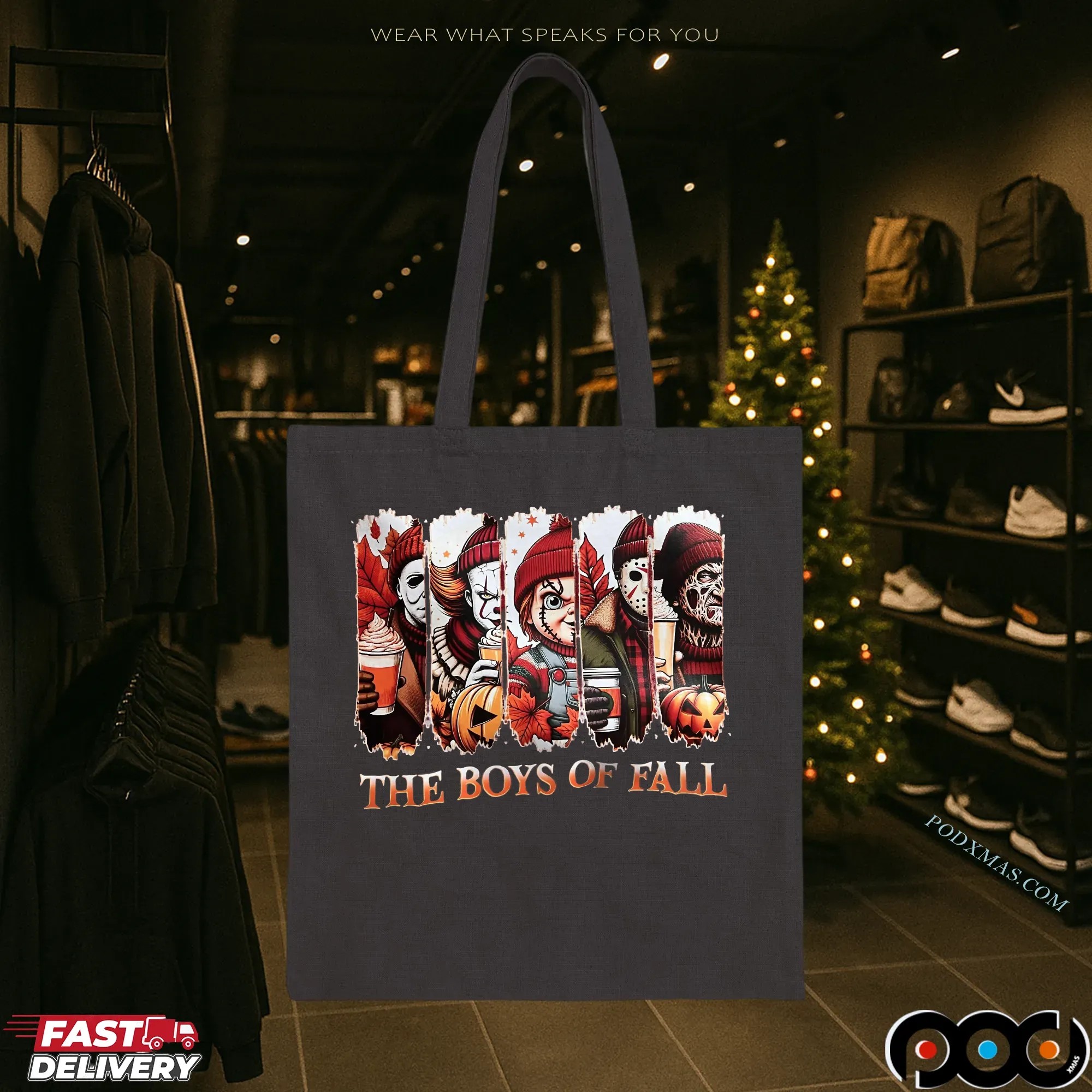 The Boys of Fall Horror Movie Characters Michael Myers, Pennywise, Chucky, Jason, Freddy Autumn Coffee Graphic Halloween T Shirt