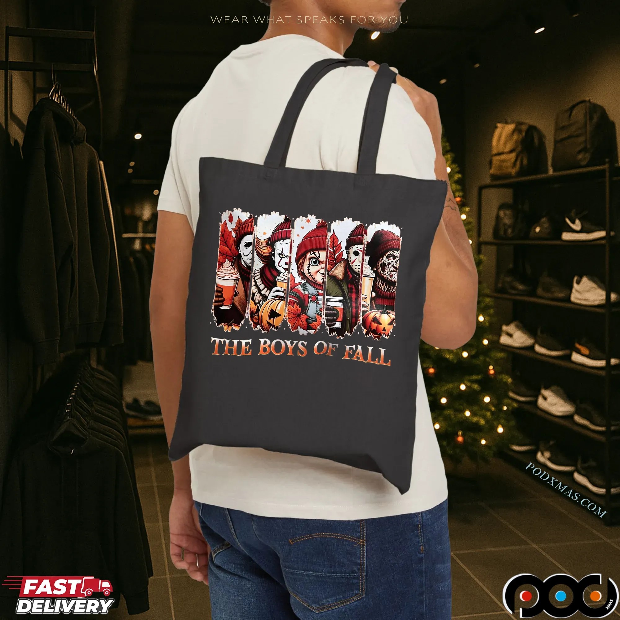 The Boys of Fall Horror Movie Characters Michael Myers, Pennywise, Chucky, Jason, Freddy Autumn Coffee Graphic Halloween T Shirt