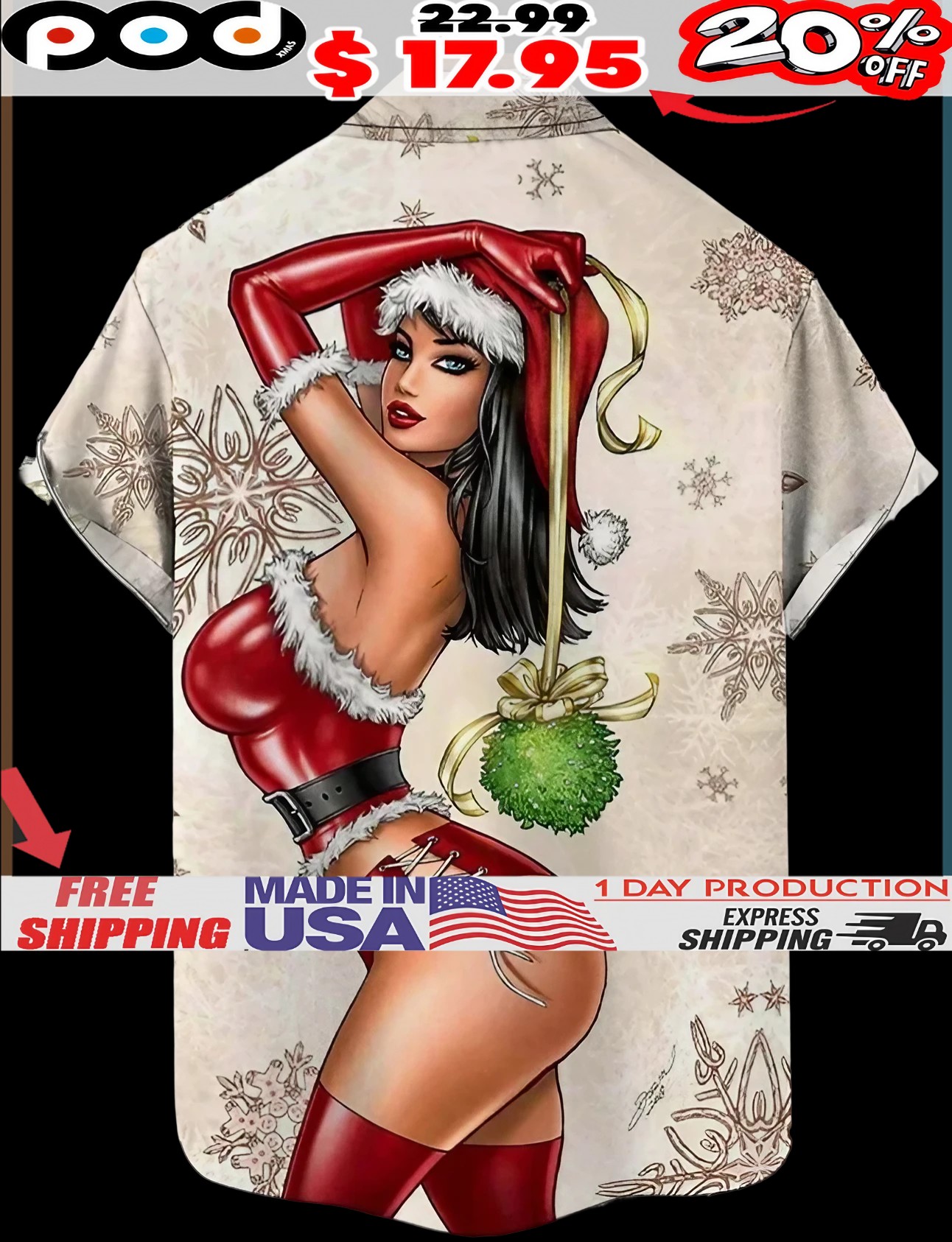 Vintage Pin Up Girl Poster Sexy Christmas Girl And Green Festival Ball All Over Print T Shirt