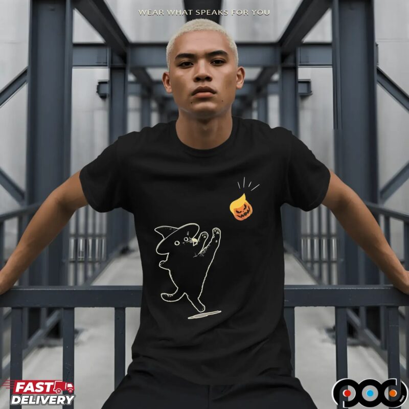 Black Cat Witch With Trump Pumpkin Halloween Spooky Season T Shirt