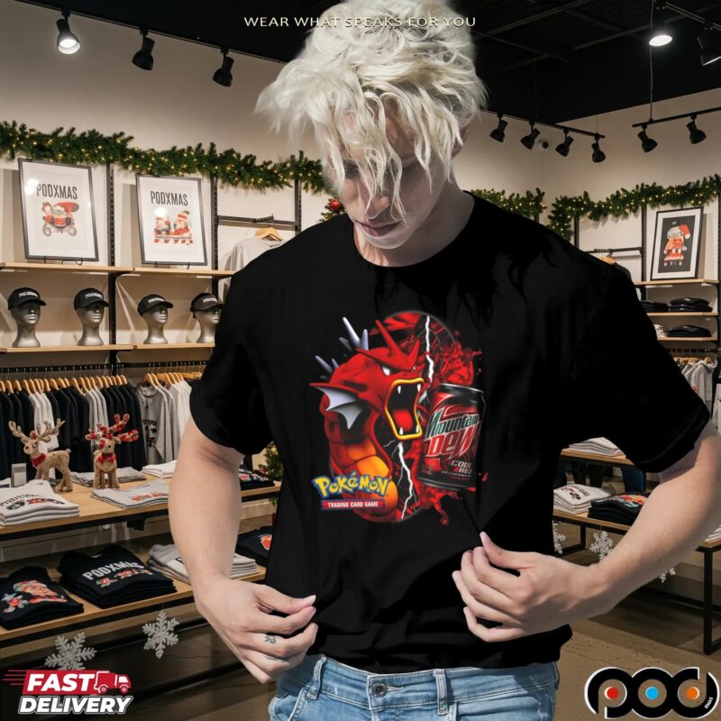 Red Gyarados Pokémon Mountain Dew Retro Code Red Soda and Trading Card Game Mashup T Shirt