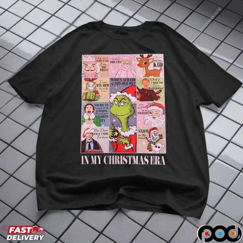 In My Christmas Era Holiday with Grinch, Rudolph, Olaf and Santa Graphic Parody T Shirt