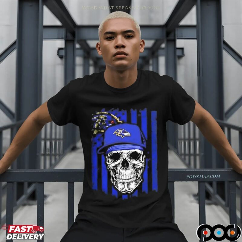 Baltimore Ravens Football Skull US Flag Graphic T Shirt