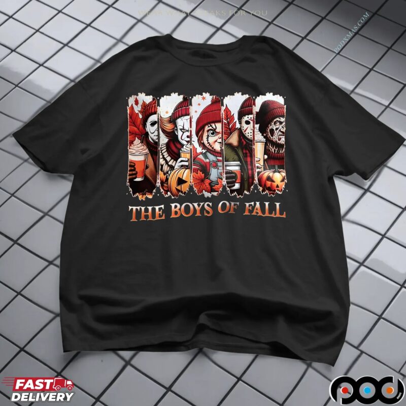 The Boys of Fall Horror Movie Characters Michael Myers, Pennywise, Chucky, Jason, Freddy Autumn Coffee Graphic Halloween T Shirt