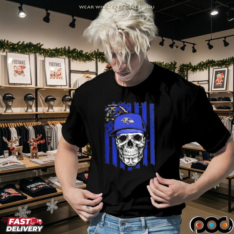 Baltimore Ravens Football Skull US Flag Graphic T Shirt