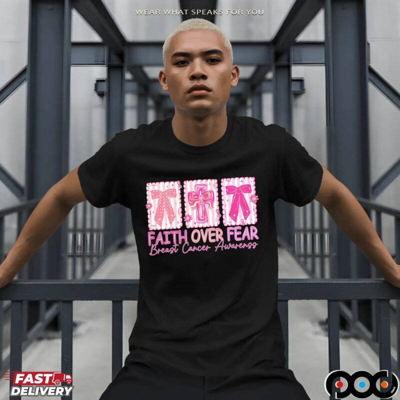 Jesus Cross Coquette, Retro Checkered Faith Over Fear, Pink Ribbon, Heal Cancer, Breast Cancer, Cancer Brushstrokes T Shirt