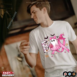 Boo Halloween Pumpkin Tee, In October We Wear Pink, Pink Ribbon Witch, Breast Cancer Awareness, Halloween Pink Ghost T Shirt