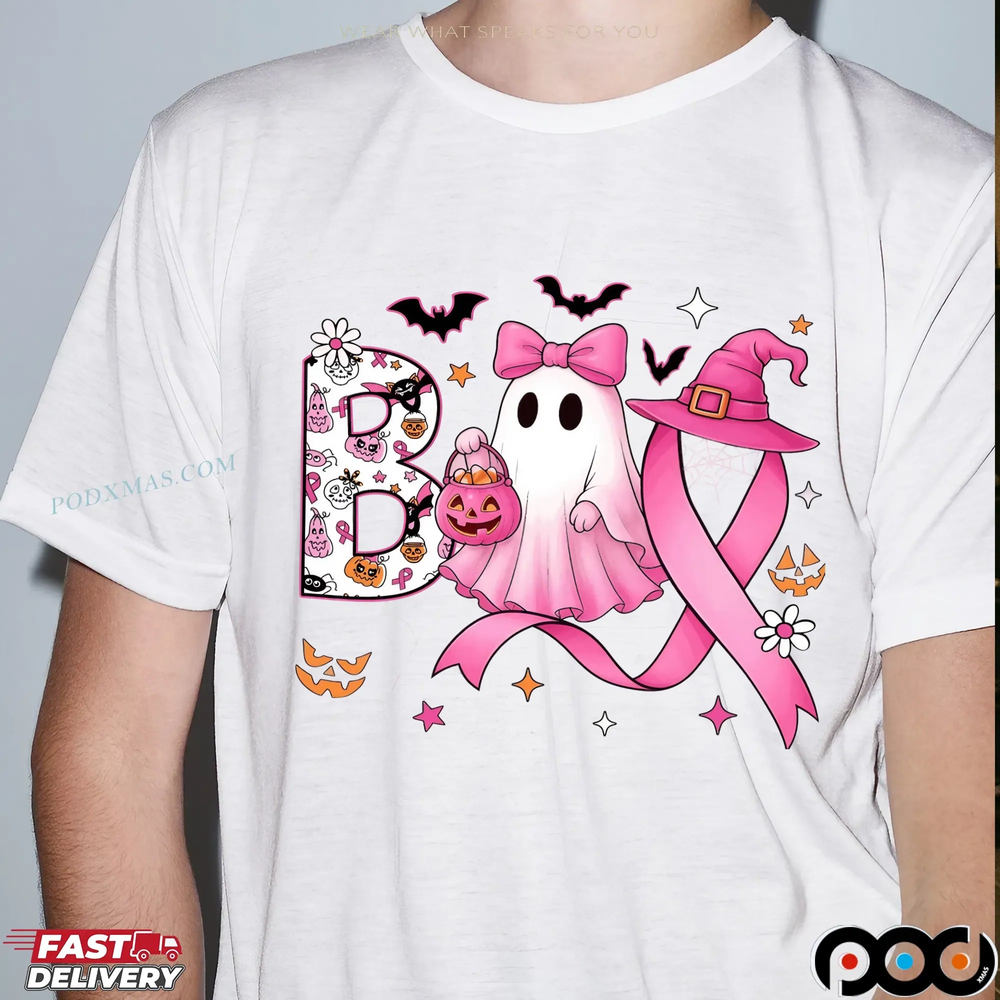 Boo Halloween Pumpkin Tee, In October We Wear Pink, Pink Ribbon Witch, Breast Cancer Awareness, Halloween Pink Ghost T Shirt