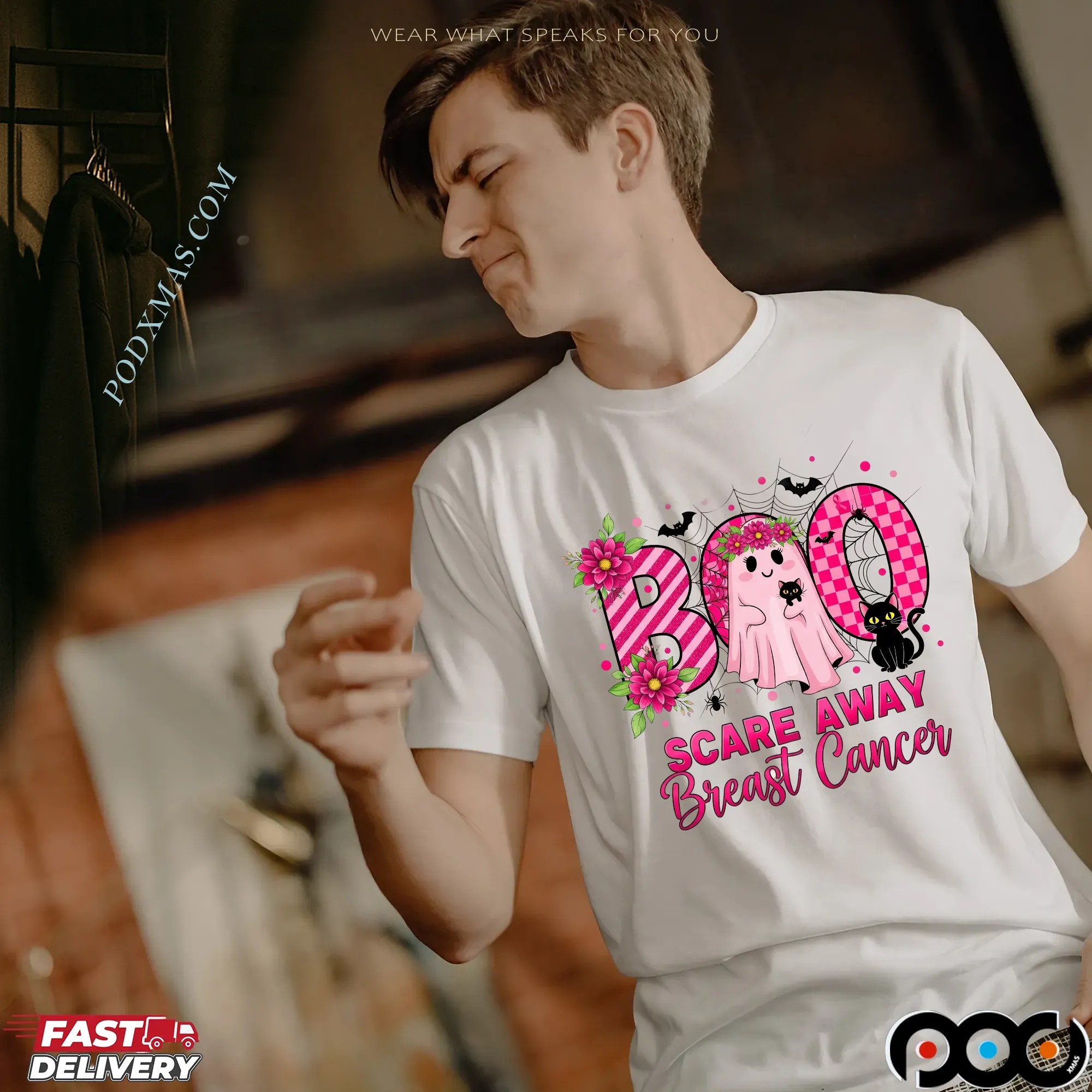 Boo Scare Away Breast Cancer, Breast Cancer Awareness Halloween Ghost, Pink Ribbon Support Shirt, Cute Ghost October Shirt