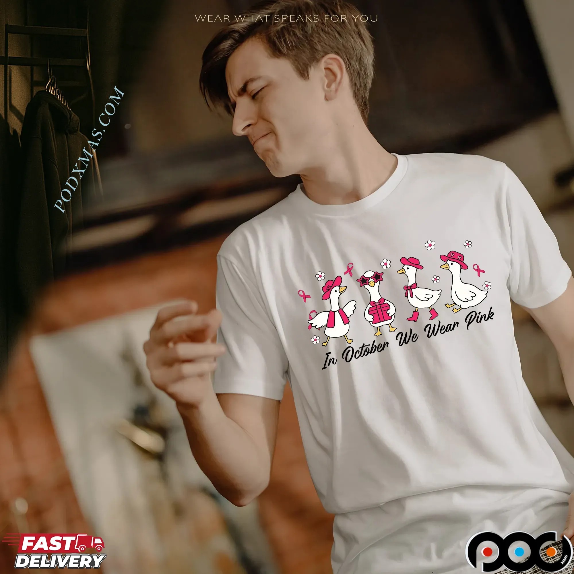 Breast Cancer Goose, In October We Wear Pink Shirt Design, Preppy Breast Cancer, Together We Fight, Pink Coquette Bow Shirt