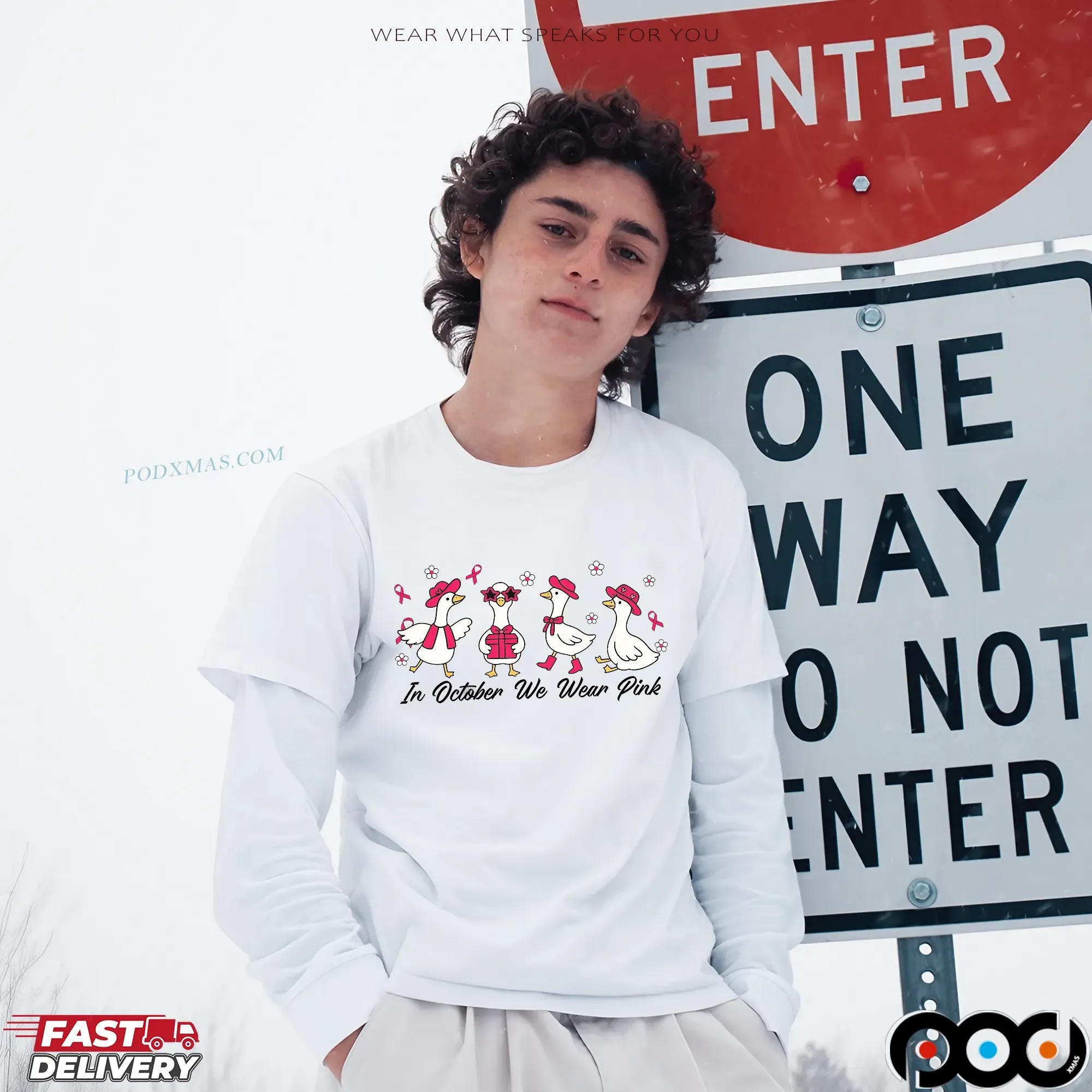 Breast Cancer Goose, In October We Wear Pink Shirt Design, Preppy Breast Cancer, Together We Fight, Pink Coquette Bow Shirt