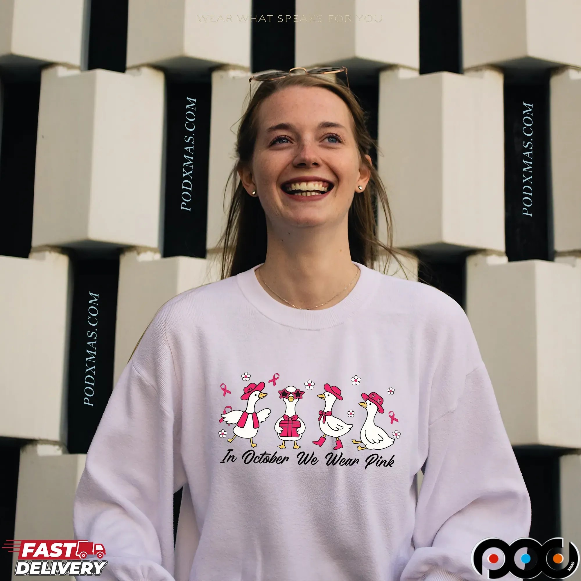 Breast Cancer Goose, In October We Wear Pink Shirt Design, Preppy Breast Cancer, Together We Fight, Pink Coquette Bow Shirt