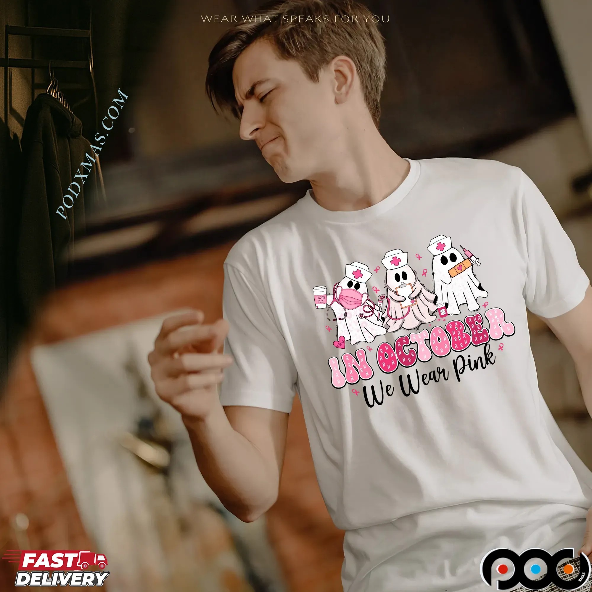 Breast Cancer Nurse, In October We Wear Pink, Rehab Life Nurse, Pink Ribbon Awareness Png, Cute Nurse T Shirt