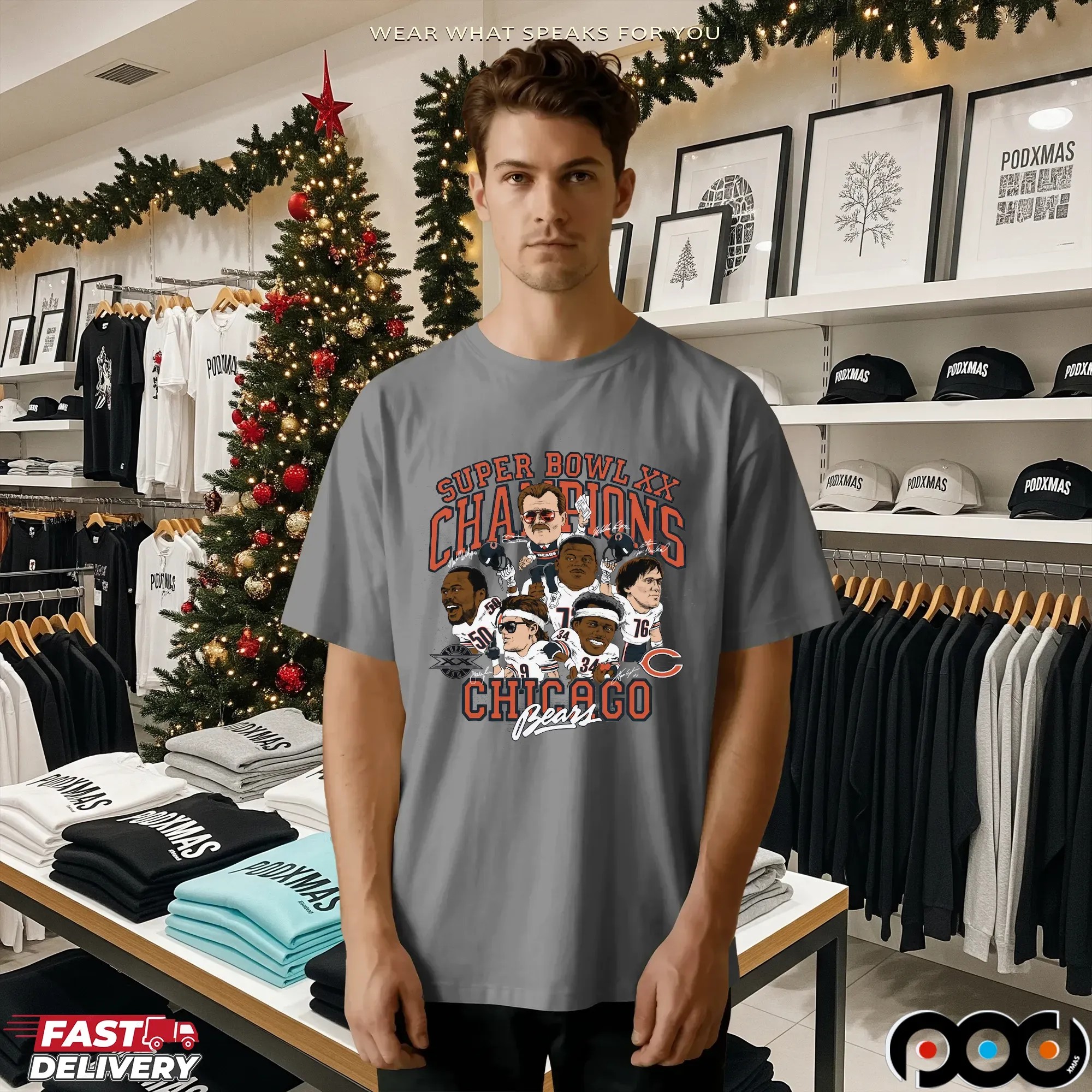 Chicago Bears Super Bowl XX Champions Caricature Signatures Bootleg T Shirt