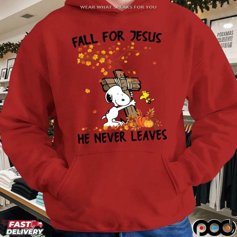 Snoopy Fall For Jesus He Never Leave Christian Halloween T Shirt
