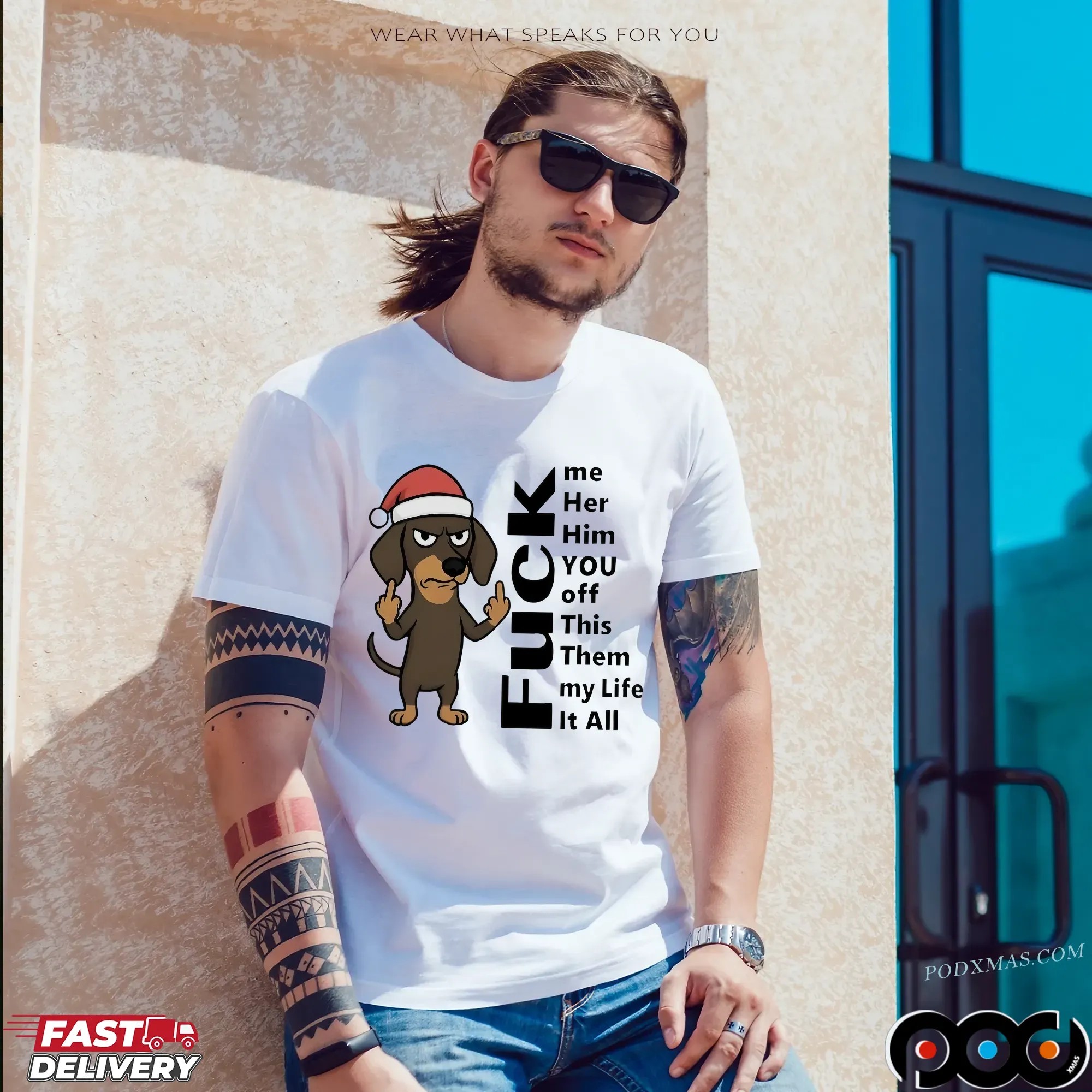 Dachshund Christmas Fuck Me Her Him You Off This Them My Life It All T Shirt