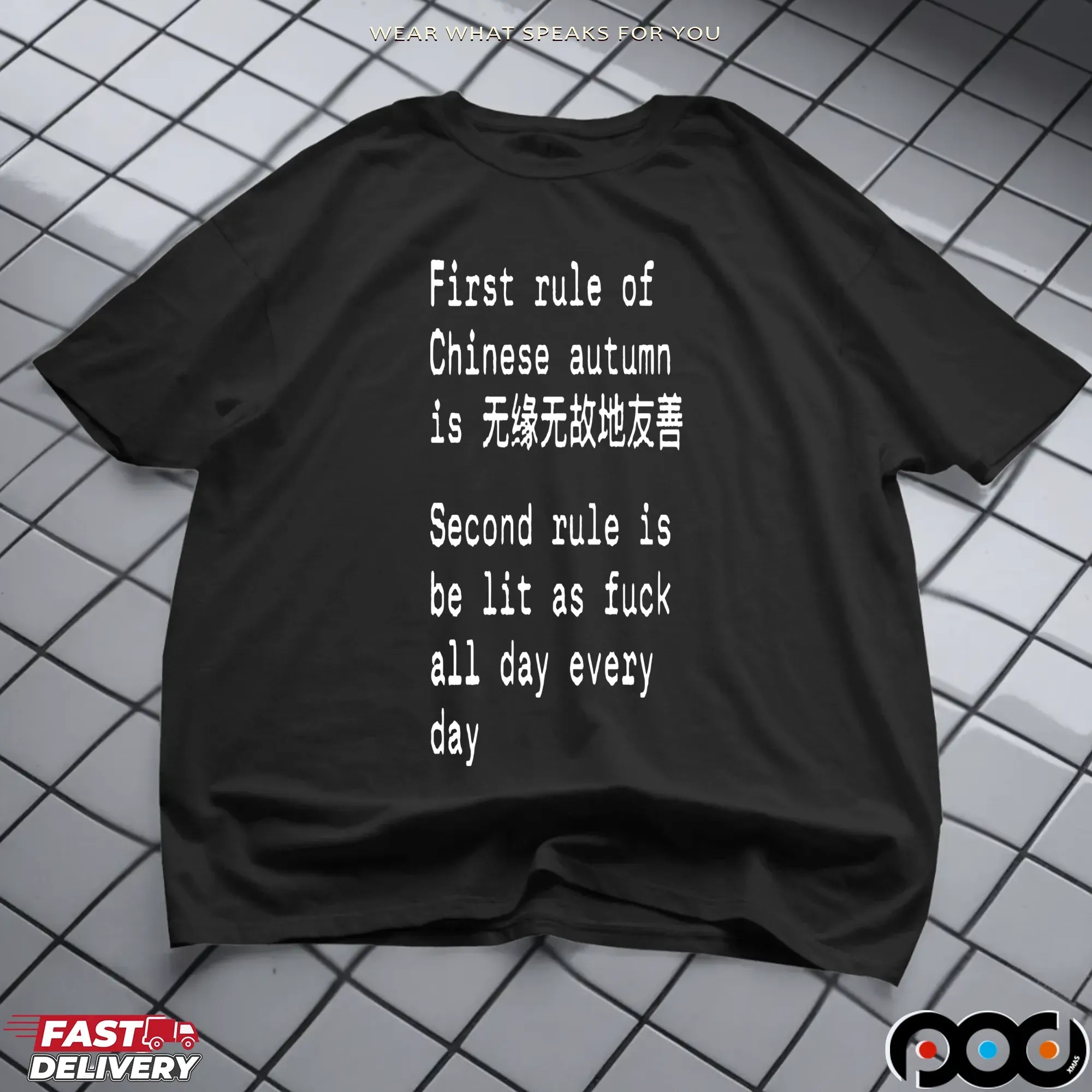 First Rule Of Chinese Autumn Is Being Kind Without Any Reason Second Rule Is Be Lit As Fuck All Day Every Day Chinese Autumn T Shirt