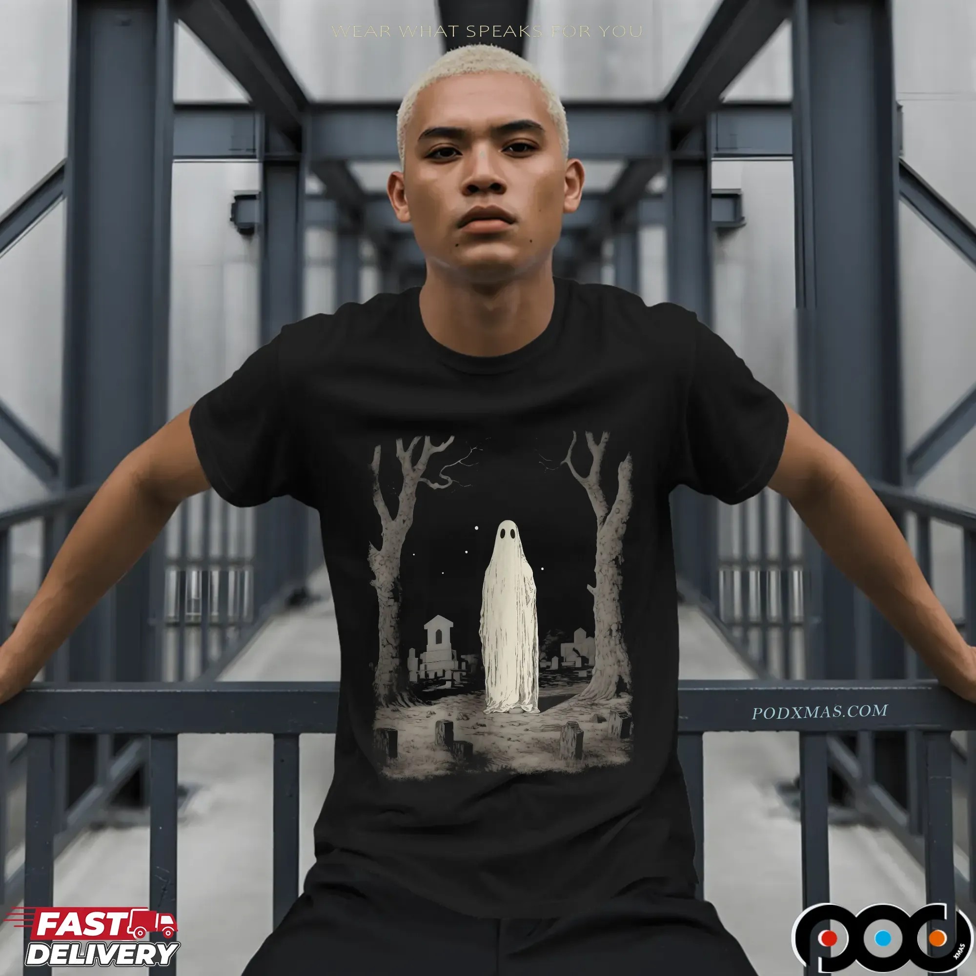 Ghost in Cemetery Halloween Graphic T Shirt