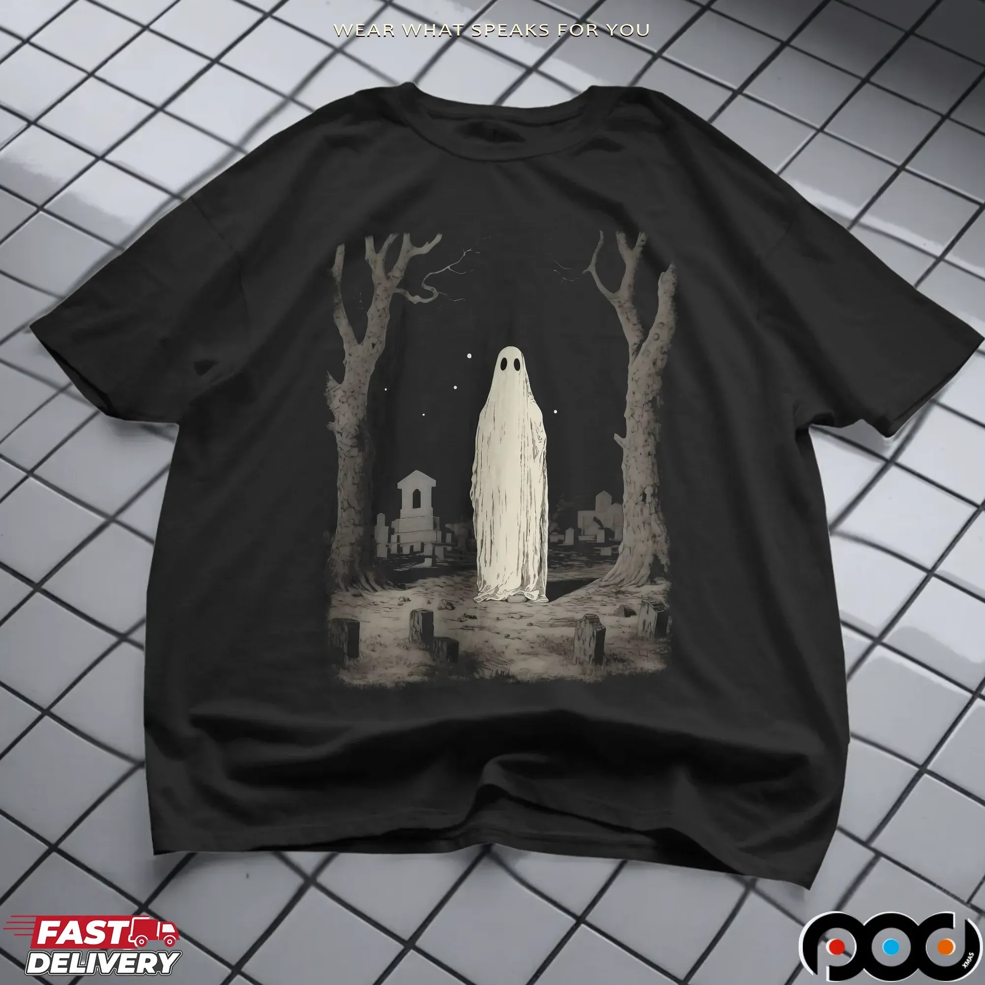 Ghost in Cemetery Halloween Graphic T Shirt