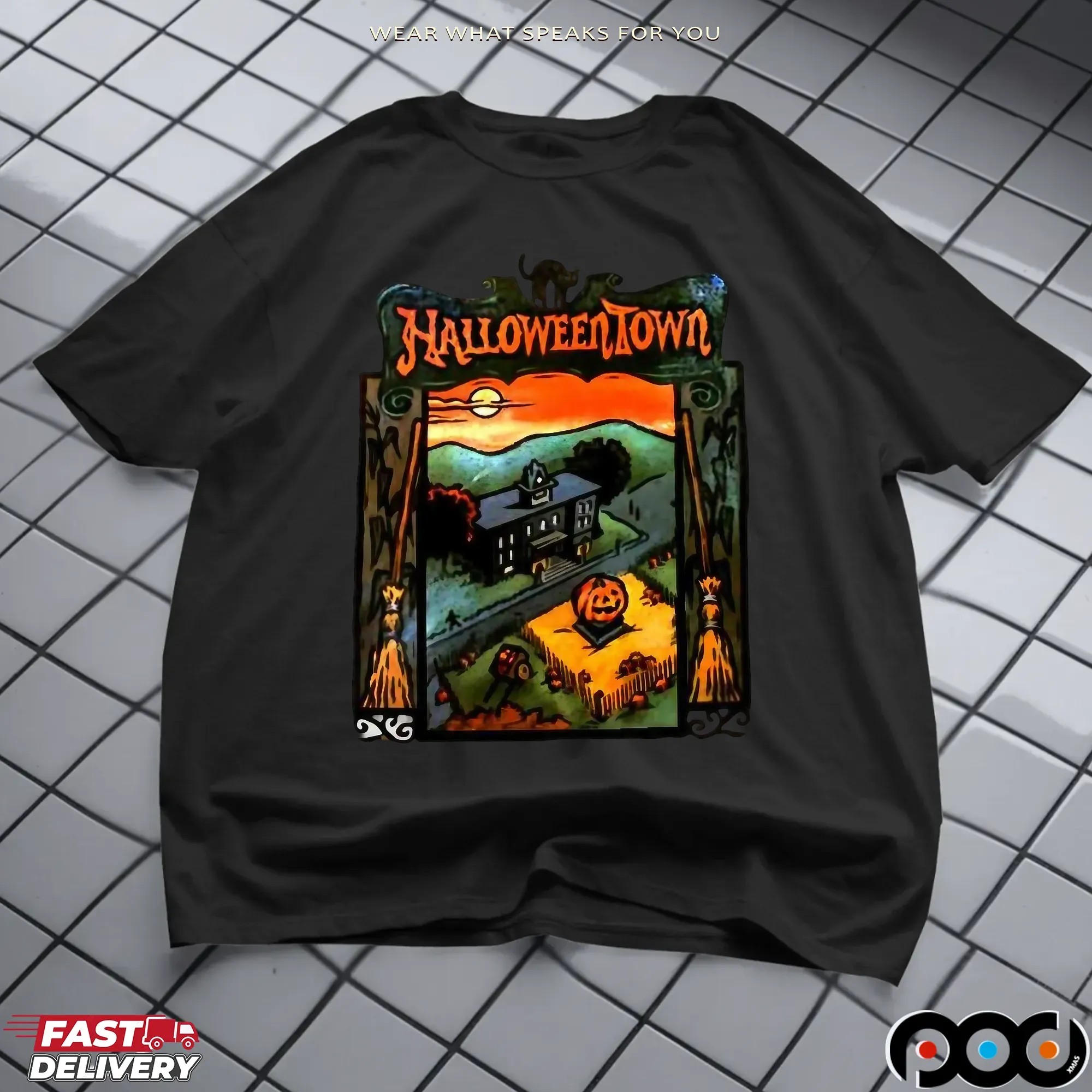 Halloweentown Black Cat Haunted Pumpkin House Brooms T Shirt