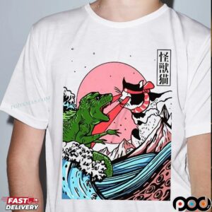 Horror Dinosaur Cat The Great Wave Off Kanagawa Catzilla Ocean Japanese T Shirt