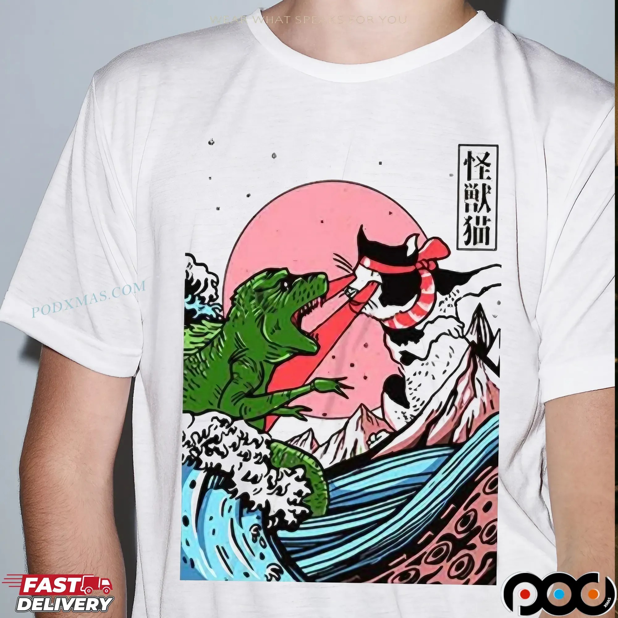 Horror Dinosaur Cat The Great Wave Off Kanagawa Catzilla Ocean Japanese T Shirt
