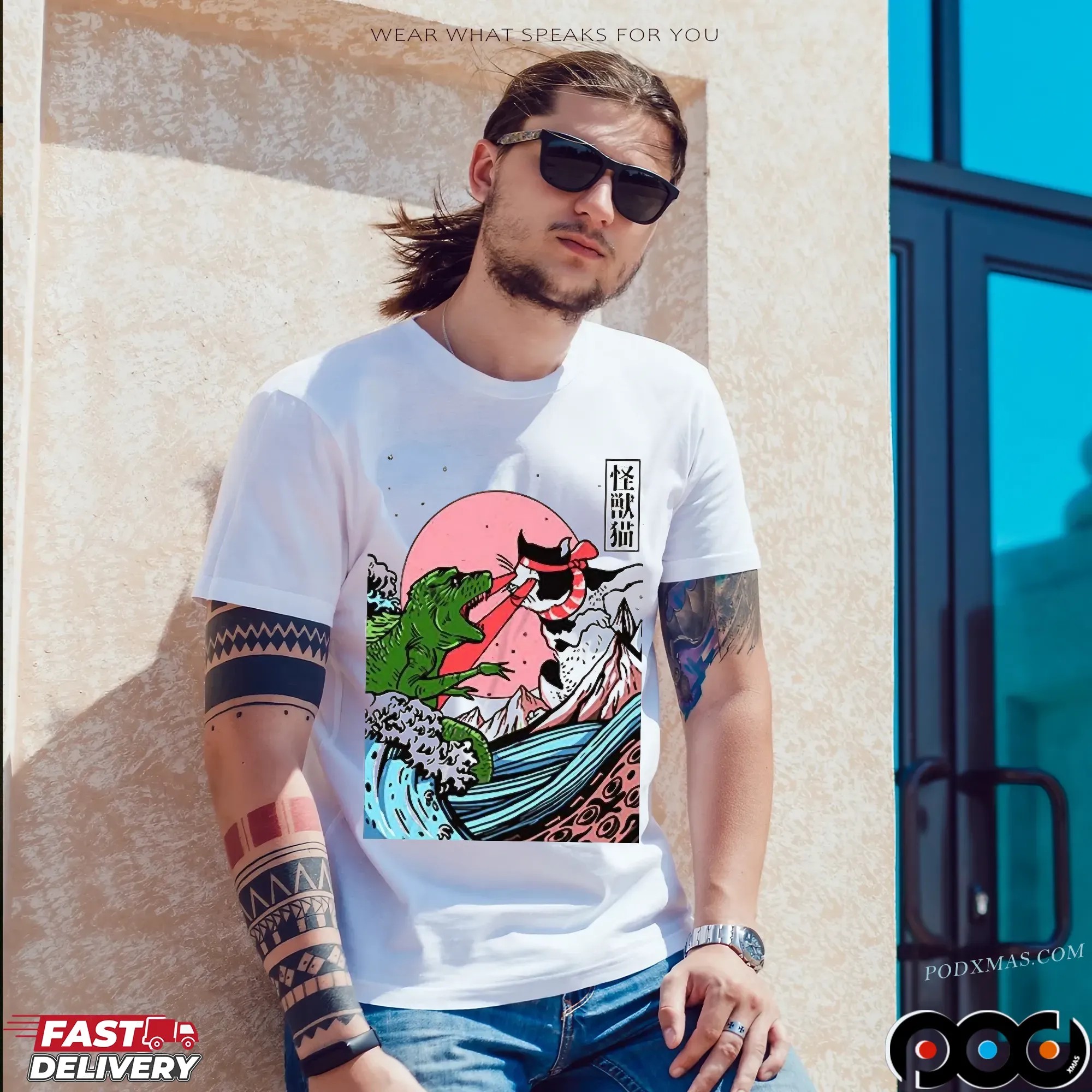 Horror Dinosaur Cat The Great Wave Off Kanagawa Catzilla Ocean Japanese T Shirt