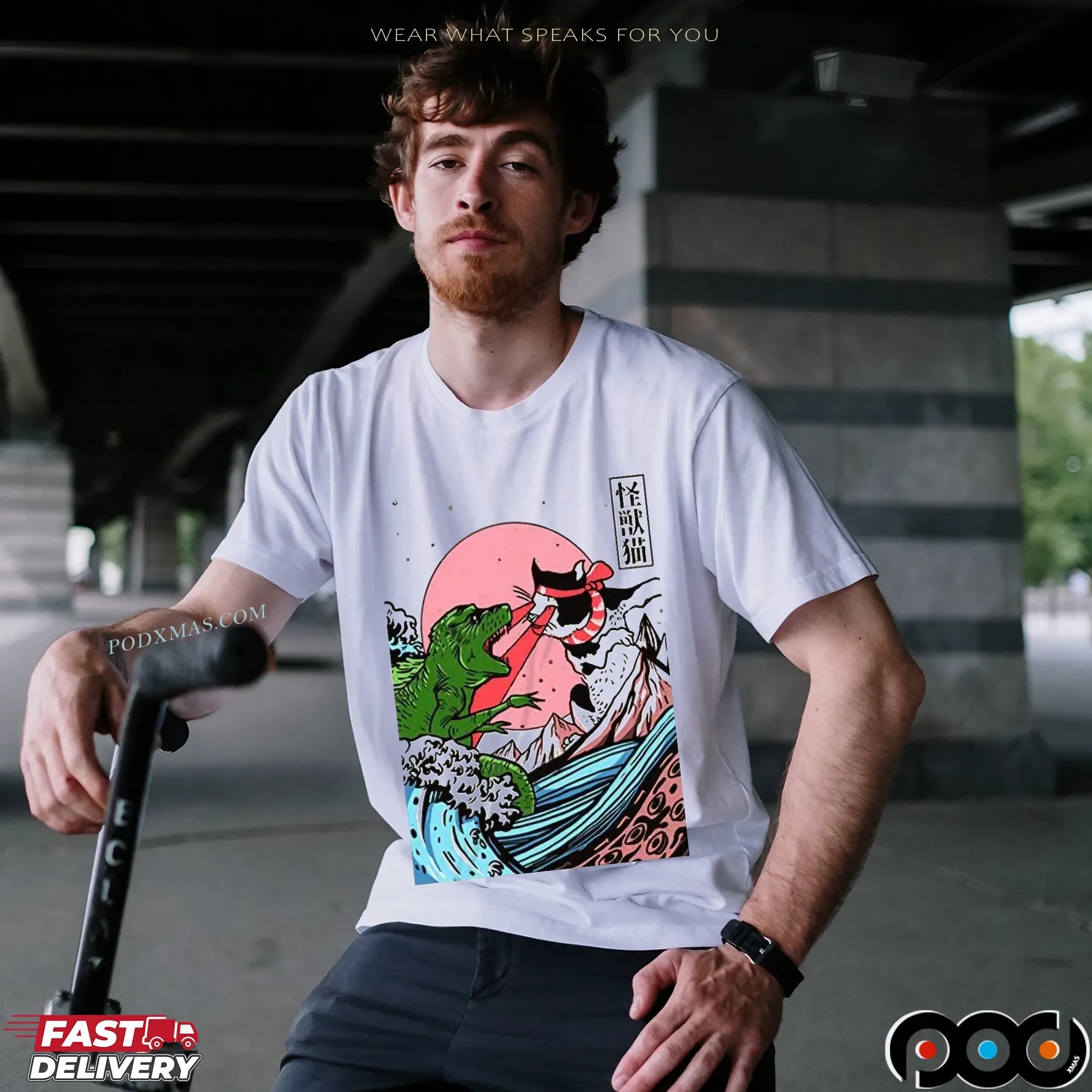 Horror Dinosaur Cat The Great Wave Off Kanagawa Catzilla Ocean Japanese T Shirt