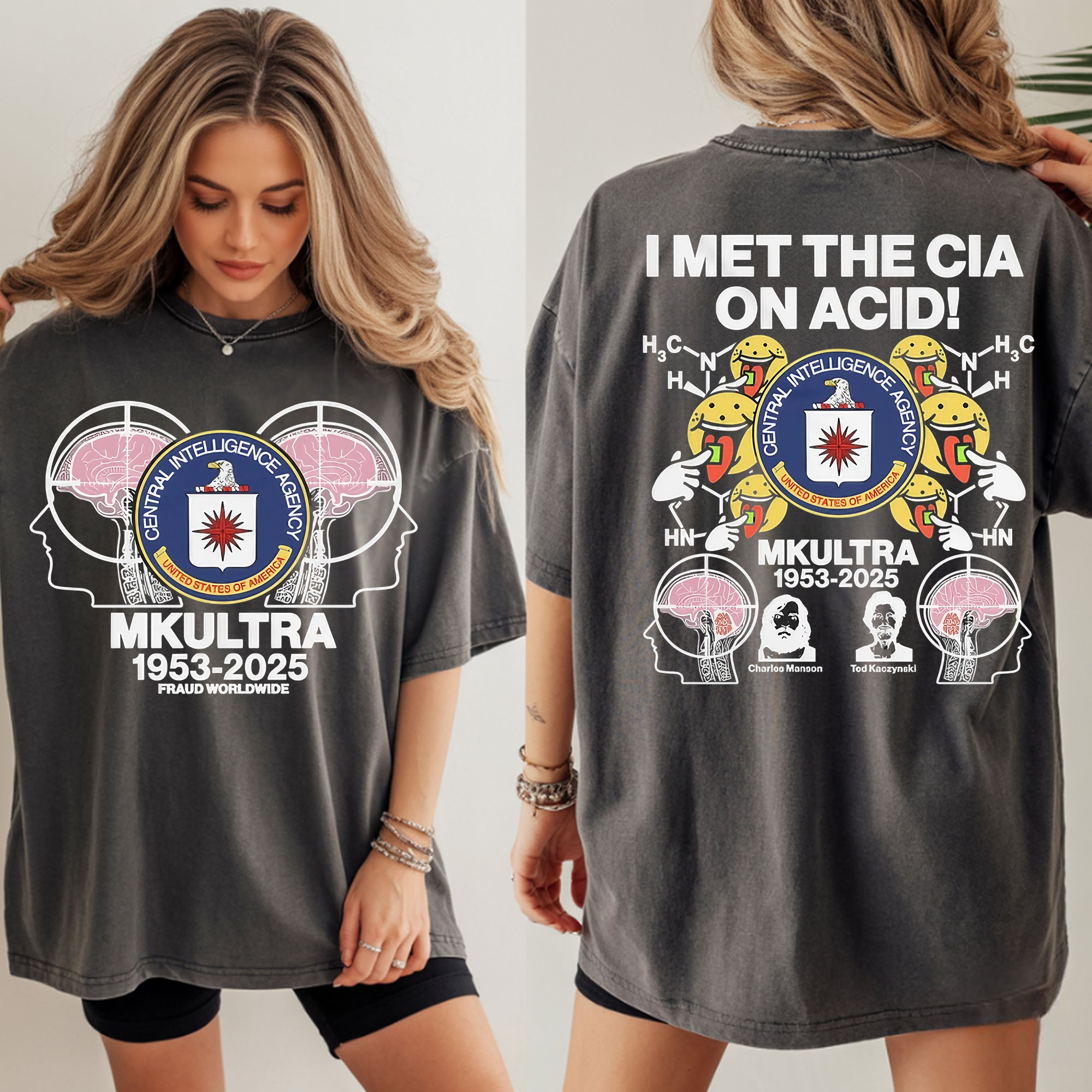 I met the Cia on Acid Central Intelligence Agency MKUltra 1953 2025 Charles Manson x Ted Kaczynski T shirt