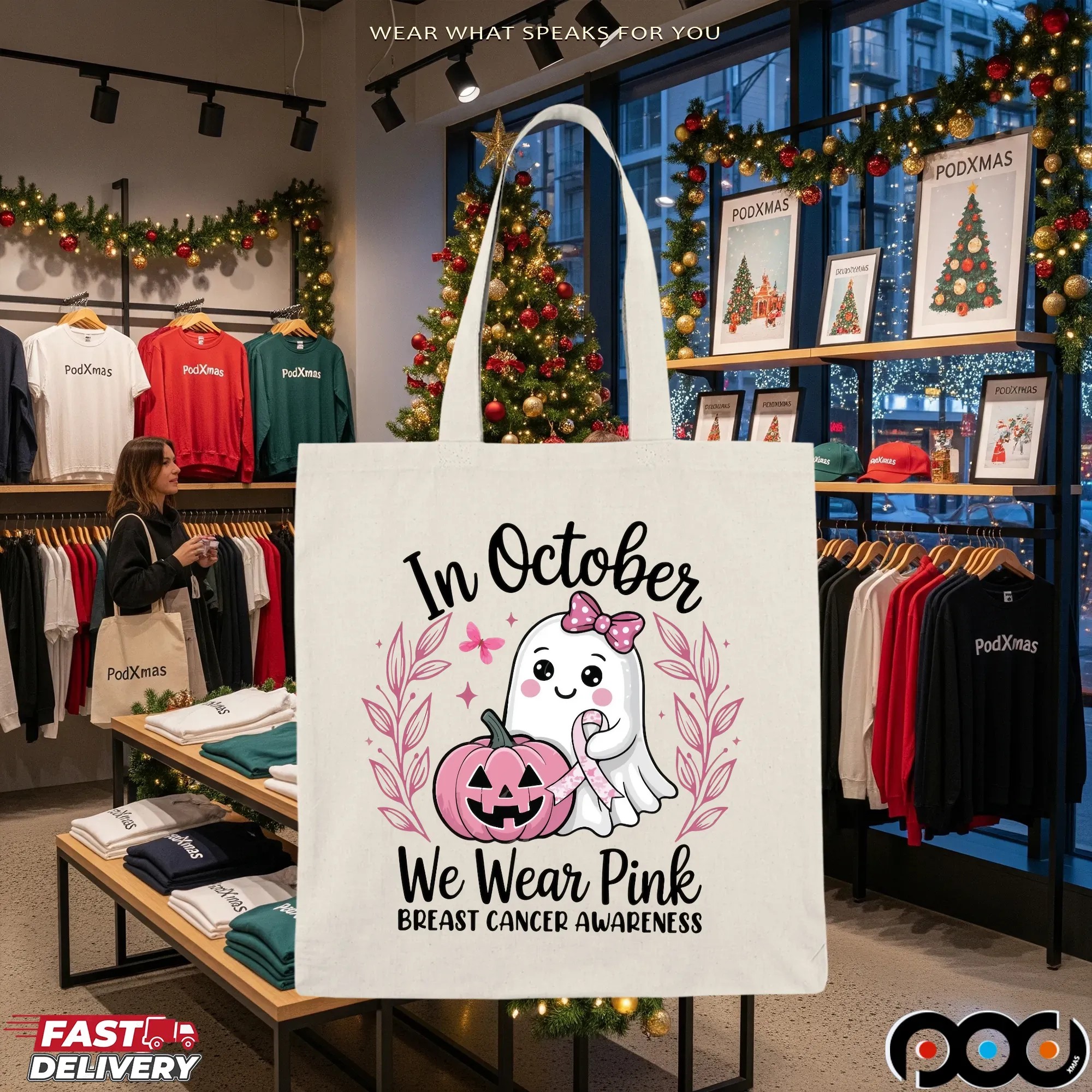 In October We Wear Pink Breast Cancer Awareness Halloween Pink Ghost Breast Cancer T Shirt