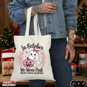 In October We Wear Pink Breast Cancer Awareness Halloween Pink Ghost Breast Cancer T Shirt