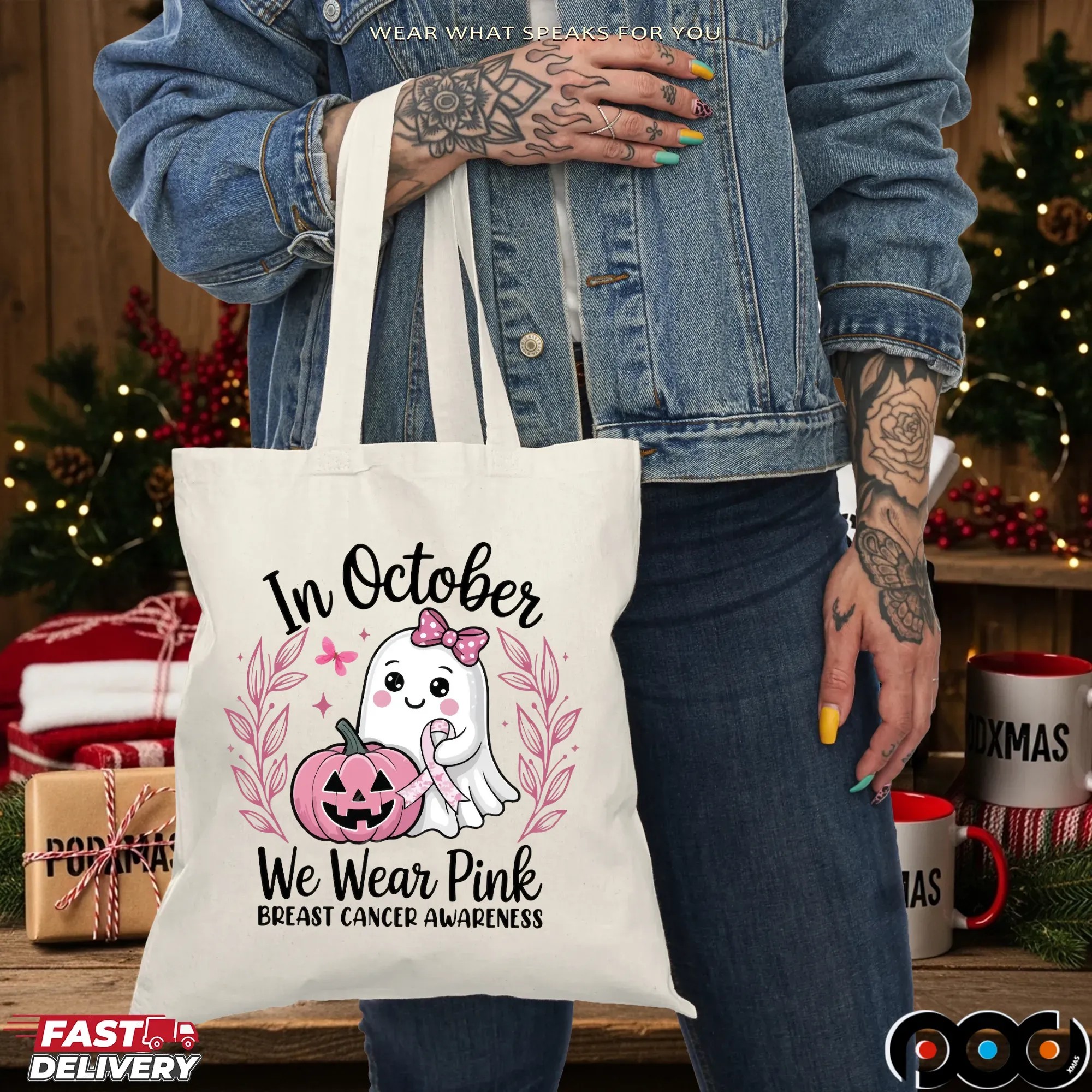 In October We Wear Pink Breast Cancer Awareness Halloween Pink Ghost Breast Cancer T Shirt