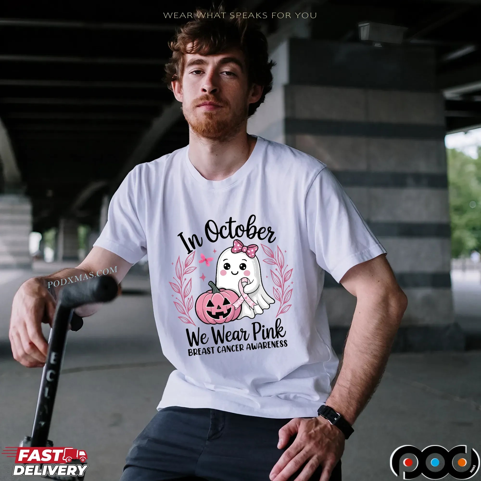 In October We Wear Pink Breast Cancer Awareness Halloween Pink Ghost Breast Cancer T Shirt