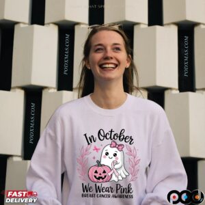 In October We Wear Pink Breast Cancer Awareness Halloween Pink Ghost Breast Cancer T Shirt