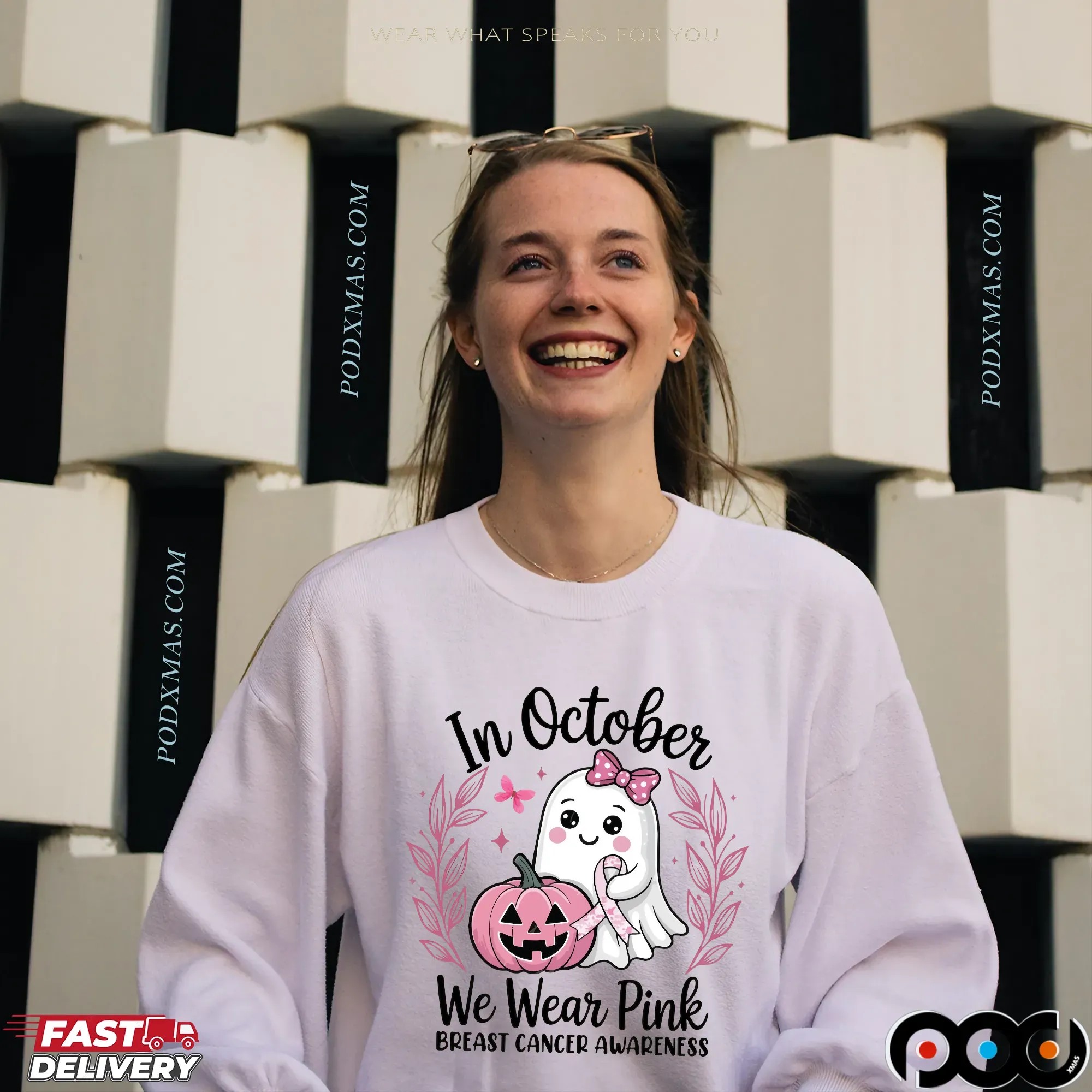 In October We Wear Pink Breast Cancer Awareness Halloween Pink Ghost Breast Cancer T Shirt