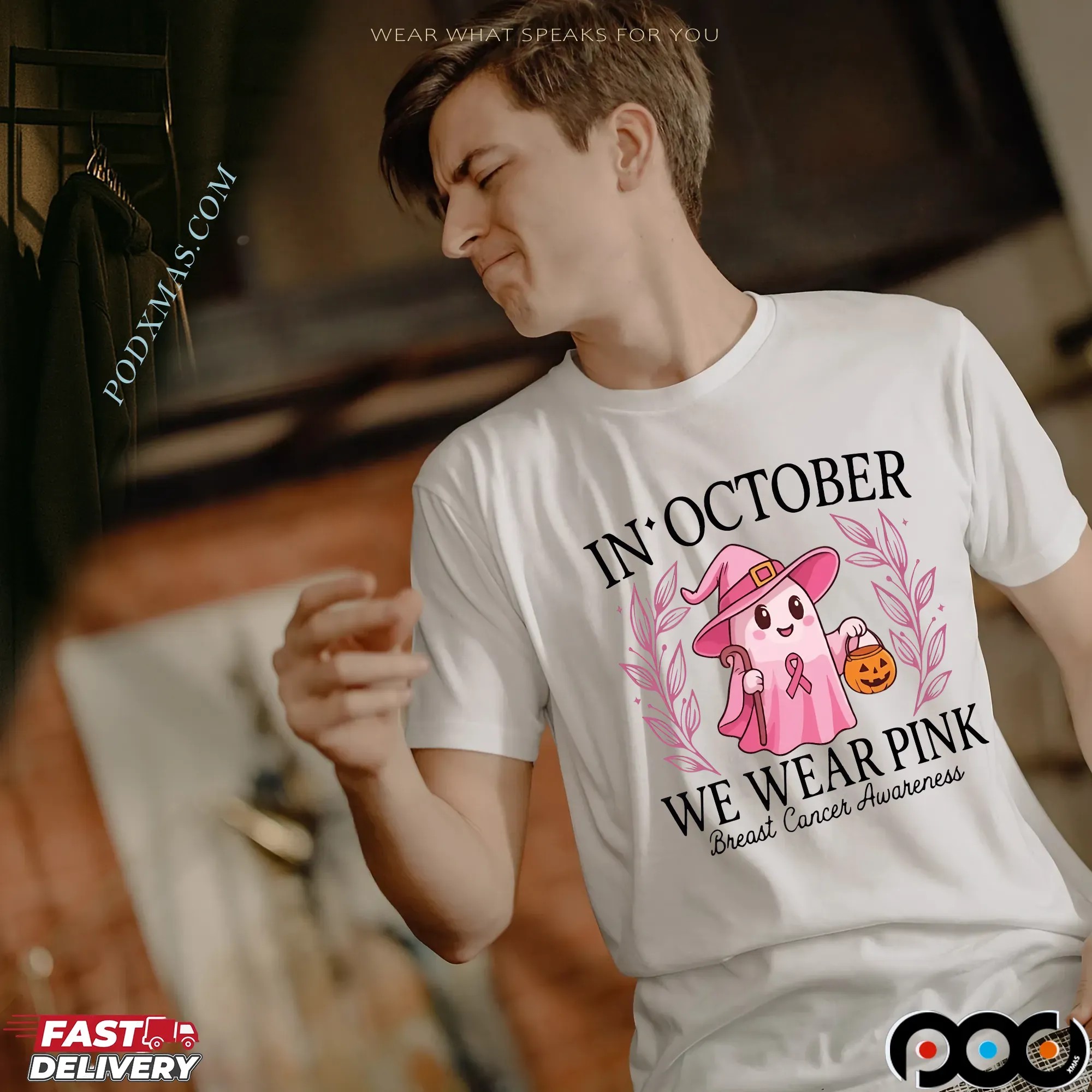 In October We Wear Pink Breast Cancer Awareness Halloween Pink Ghost Breasts T Shirt