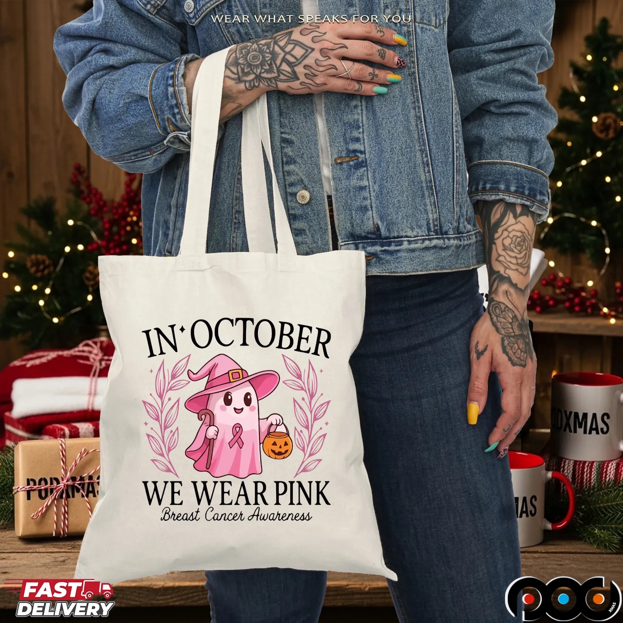 In October We Wear Pink Breast Cancer Awareness Halloween Pink Ghost Breasts T Shirt