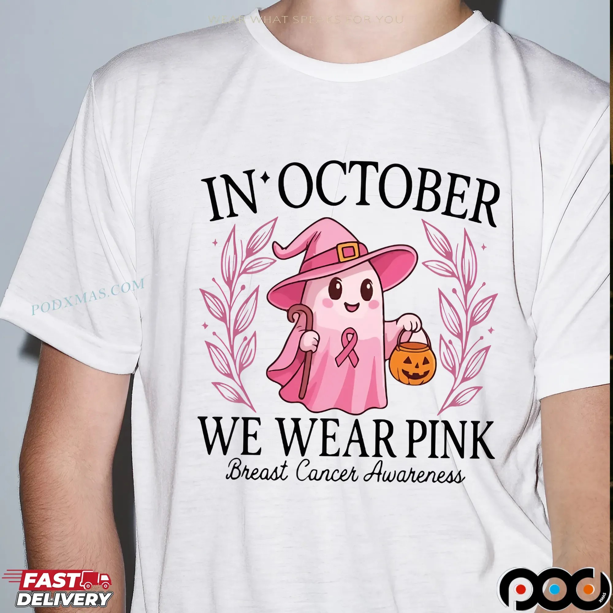In October We Wear Pink Breast Cancer Awareness Halloween Pink Ghost Breasts T Shirt