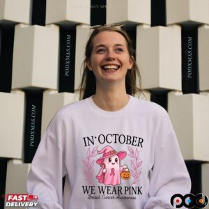 In October We Wear Pink Breast Cancer Awareness Halloween Pink Ghost Breasts T Shirt