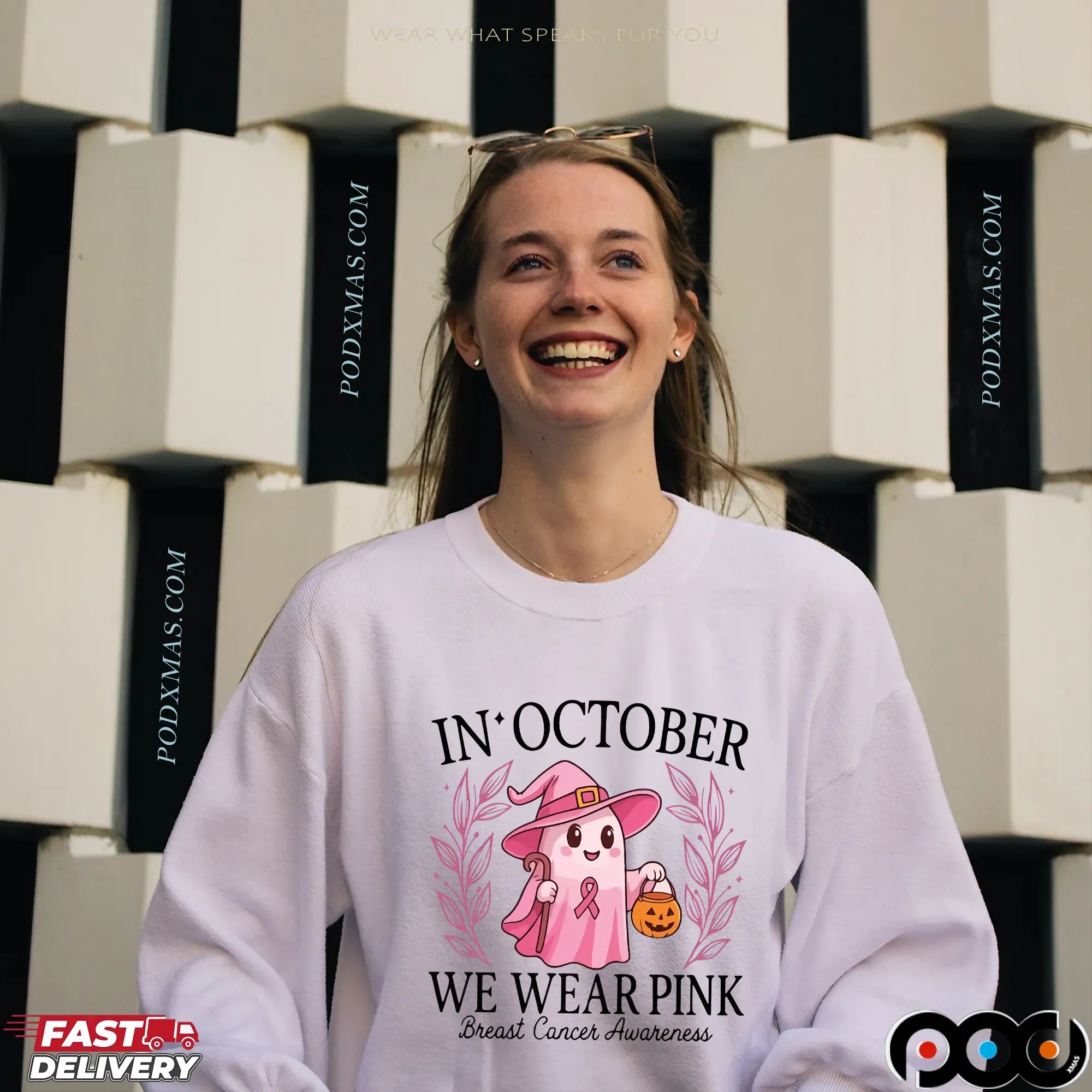 In October We Wear Pink Breast Cancer Awareness Halloween Pink Ghost Breasts T Shirt