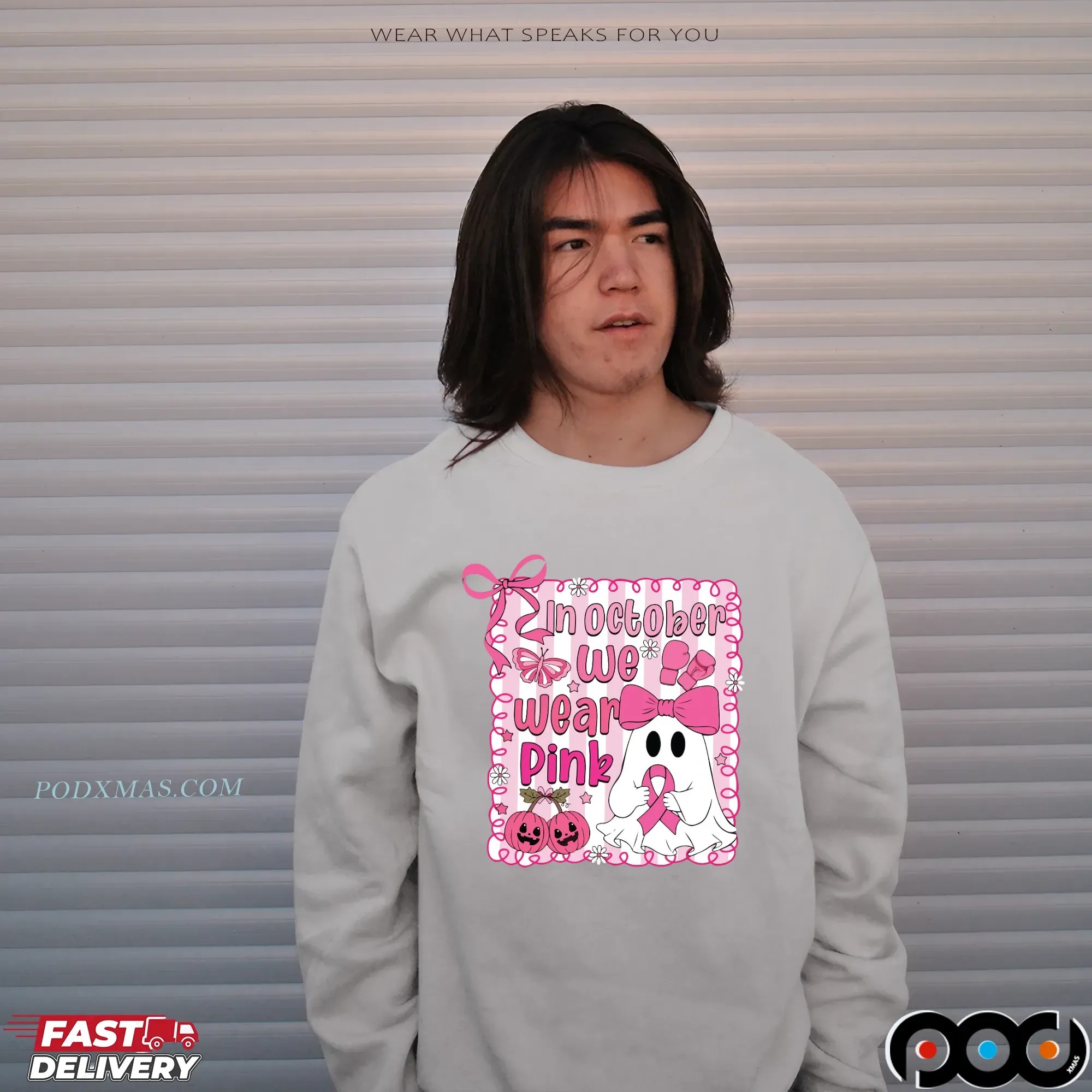 In October We Wear Pink Breast Cancer Awareness Halloween Pink Ghost Shirt