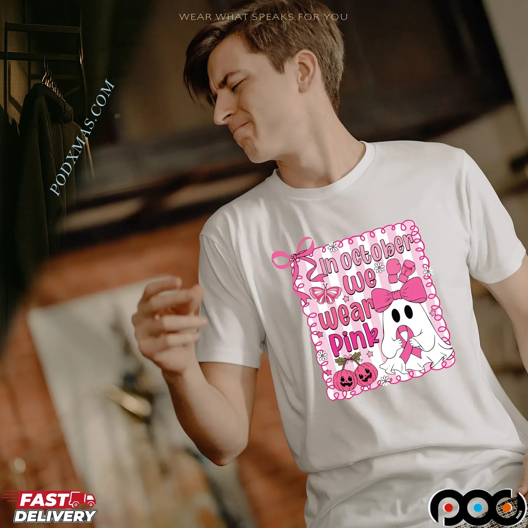 In October We Wear Pink Breast Cancer Awareness Halloween Pink Ghost Shirt