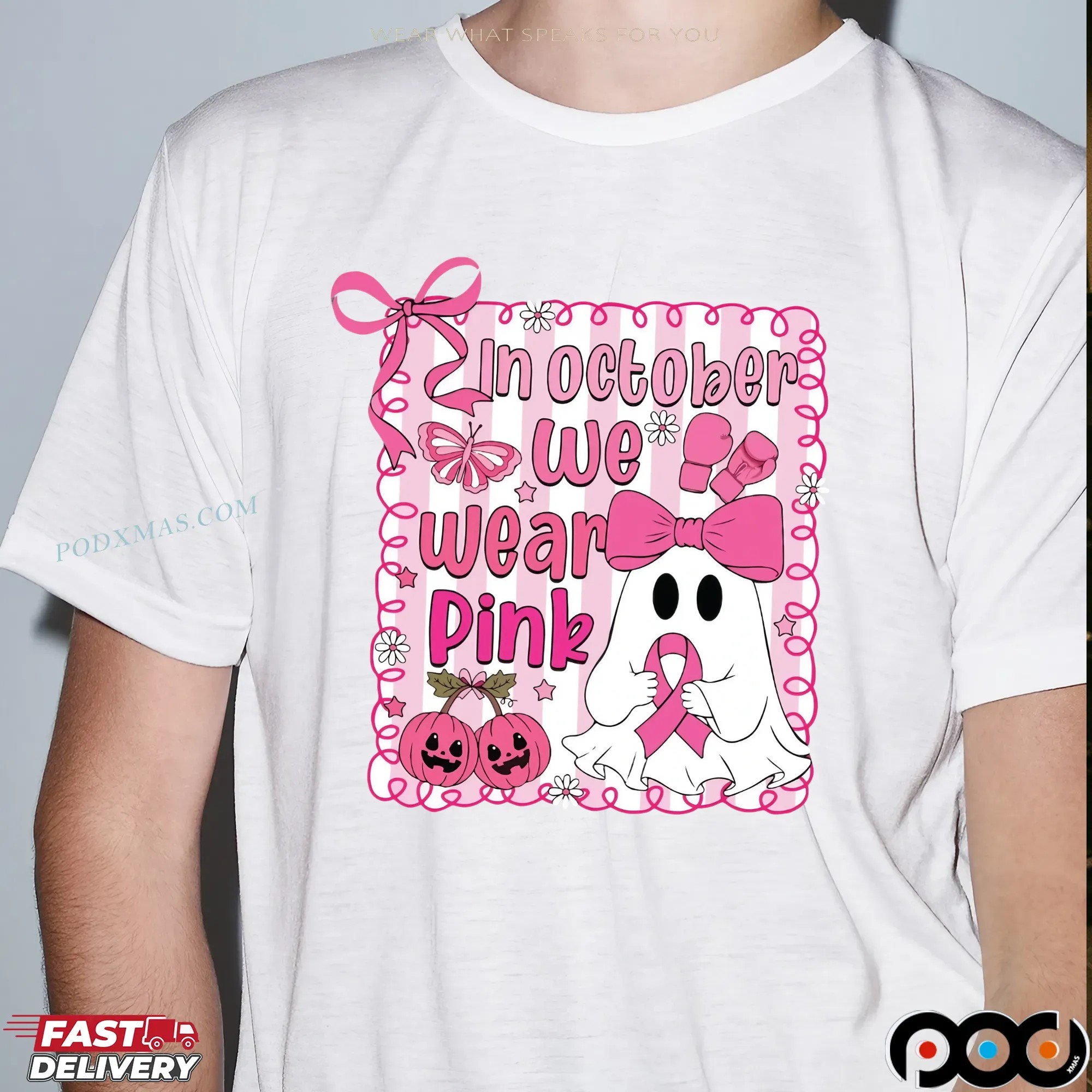 In October We Wear Pink Breast Cancer Awareness Halloween Pink Ghost Shirt